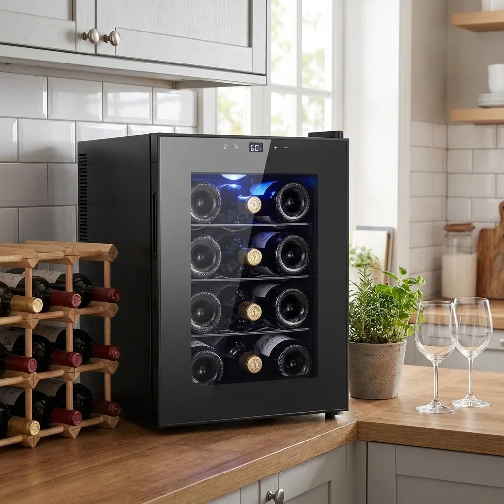 12 Bottles Wine Cooler 33L Single Zone Thermoelectric Wine Refrigerator Electronic Temperature Control Right Opening Door Wine Fridge For Home Use