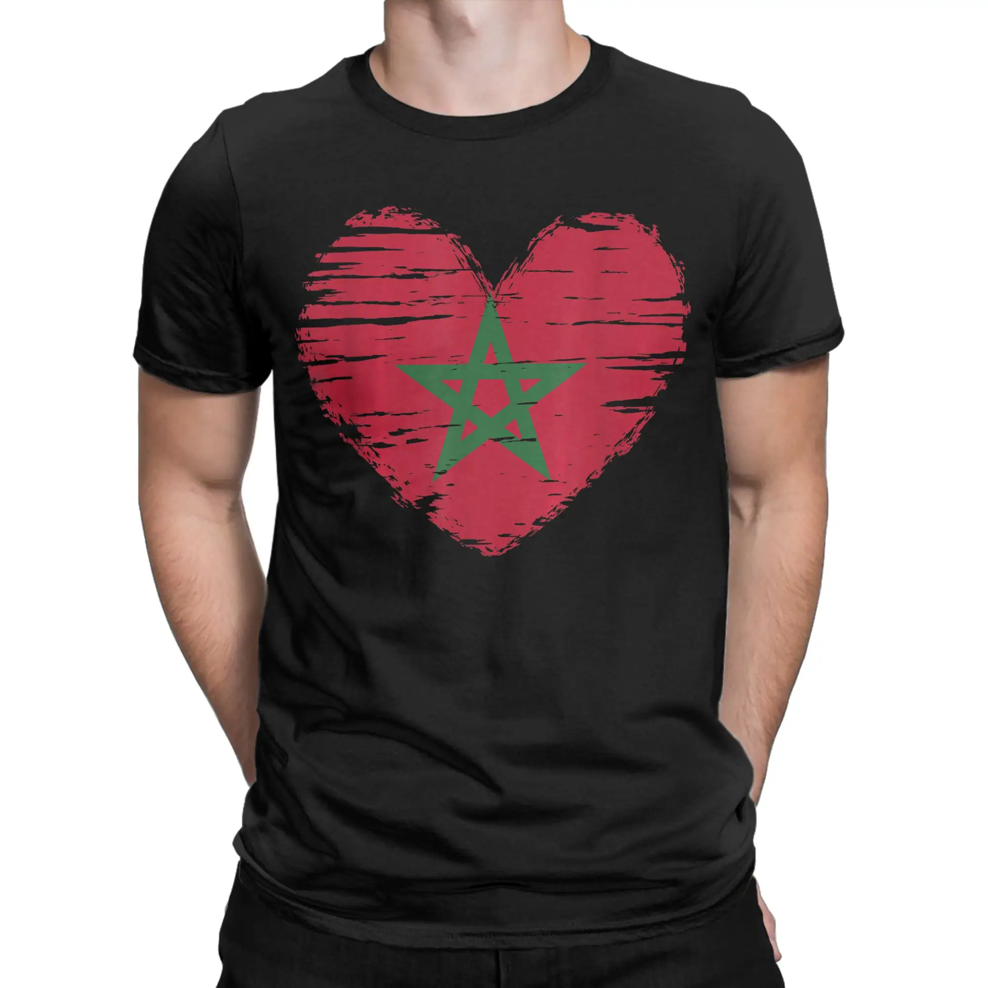 Men Morocco Heart Moroccan Flag T Shirt  Pure Cotton Clothes Humorous Short Sleeve O Neck Tee Shirt Birthday Present T-Shirt