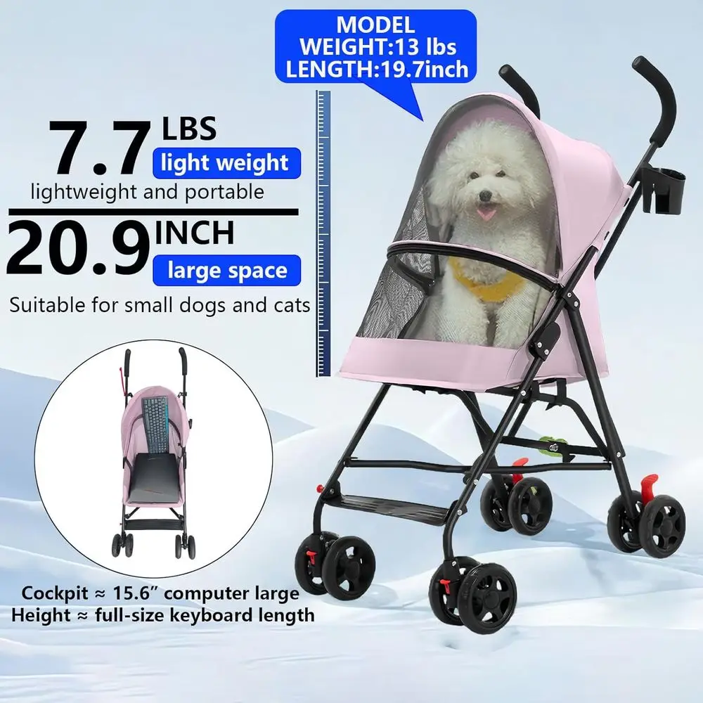 عربة أطفال قابلة للطي بأربعة عجلات للكلاب والقطط الصغيرة، 0-15 رطل، حامل أكواب، شبكة مسامية، وردي