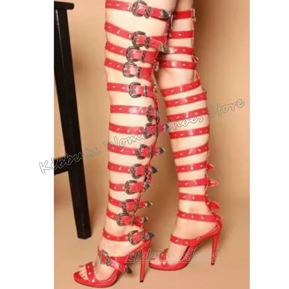 Belt Buckle Rome Sandal Cross Strap Leather Round Toe Thin High Heel Solid Color Novelty Fashion Elegant Sexy Summer Women Shoes