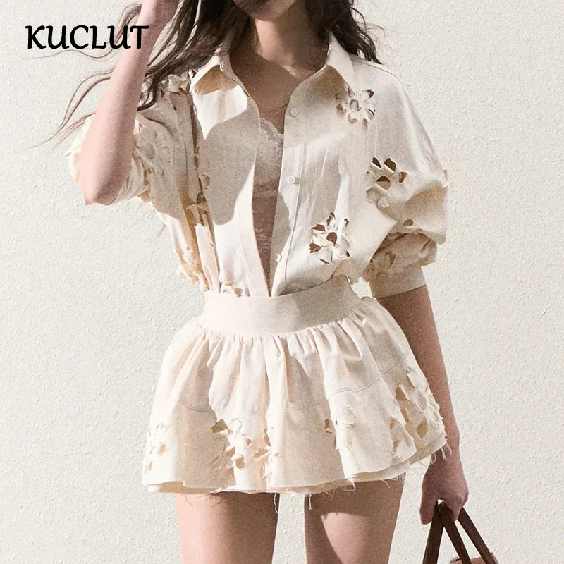 

KUCLUT Fashion Loose Flowers Hollow Out Design Single-breasted Shirts For Women High Elastic Waist Mini Skirts Female 1A220
