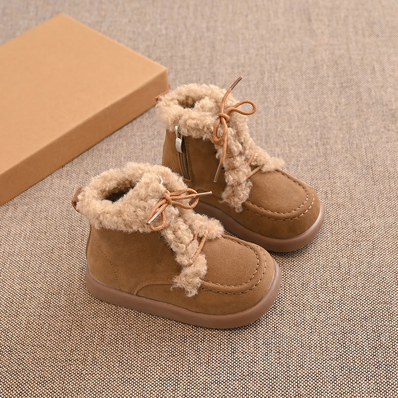الشتاء الأطفال بنين بنات جلد طبيعي جولة رئيس سميكة وحيد امبسوول أحذية بوت قصيرة أطفال طفل لينة وحيد أحذية قطنية مسطحة
