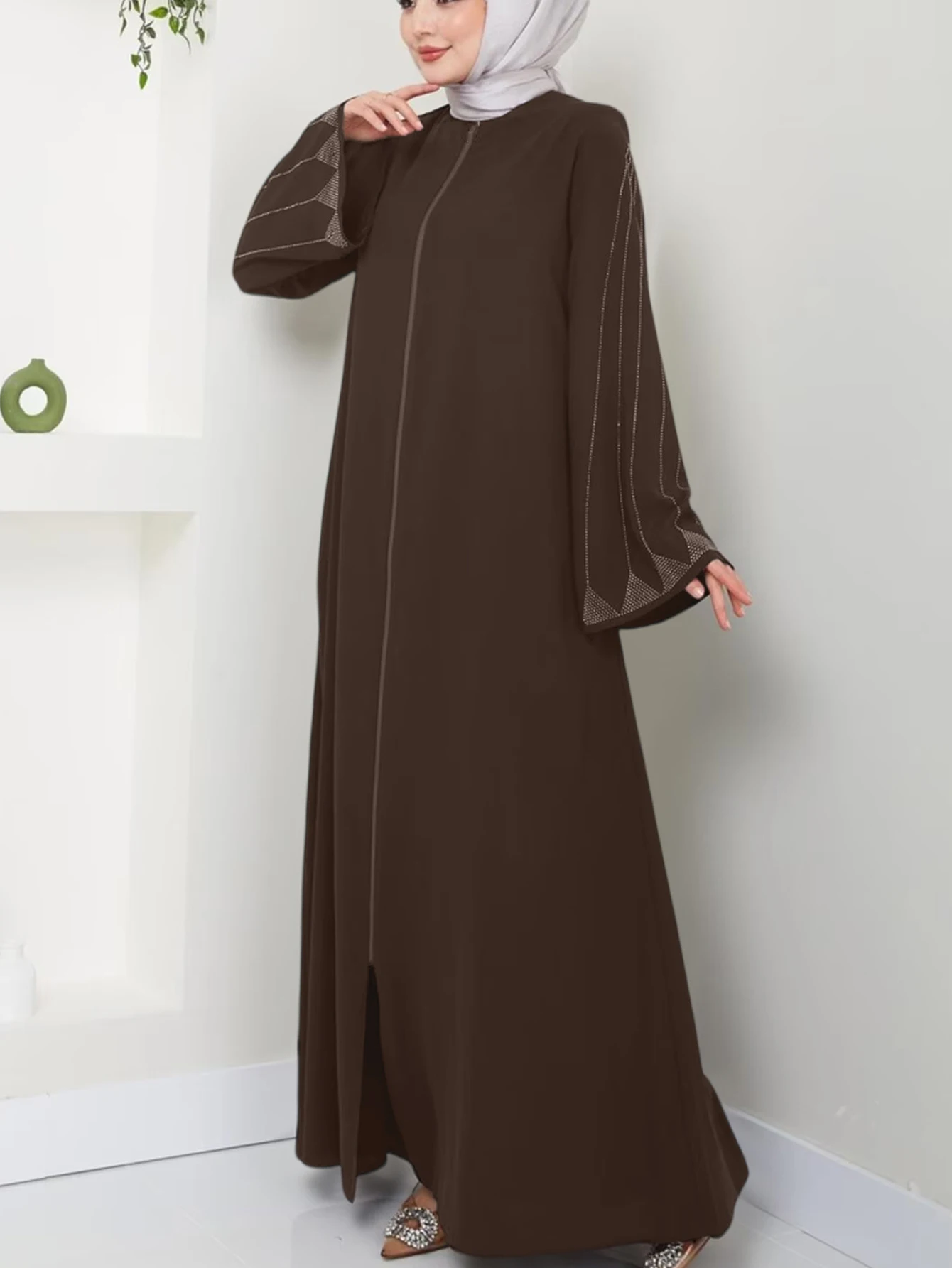 Muslim Fashion Women\'s Hot Diamond Long Sleeve Loose Coffee Style Elegant Dress