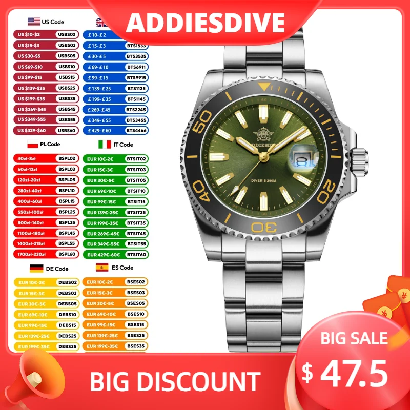 ADDIESDIVE New Watch For Men Quartz Watches BGW9 Luminous 41mm AD2510 Relogio Masculino Waterproof Diver Business Man Wristwatch