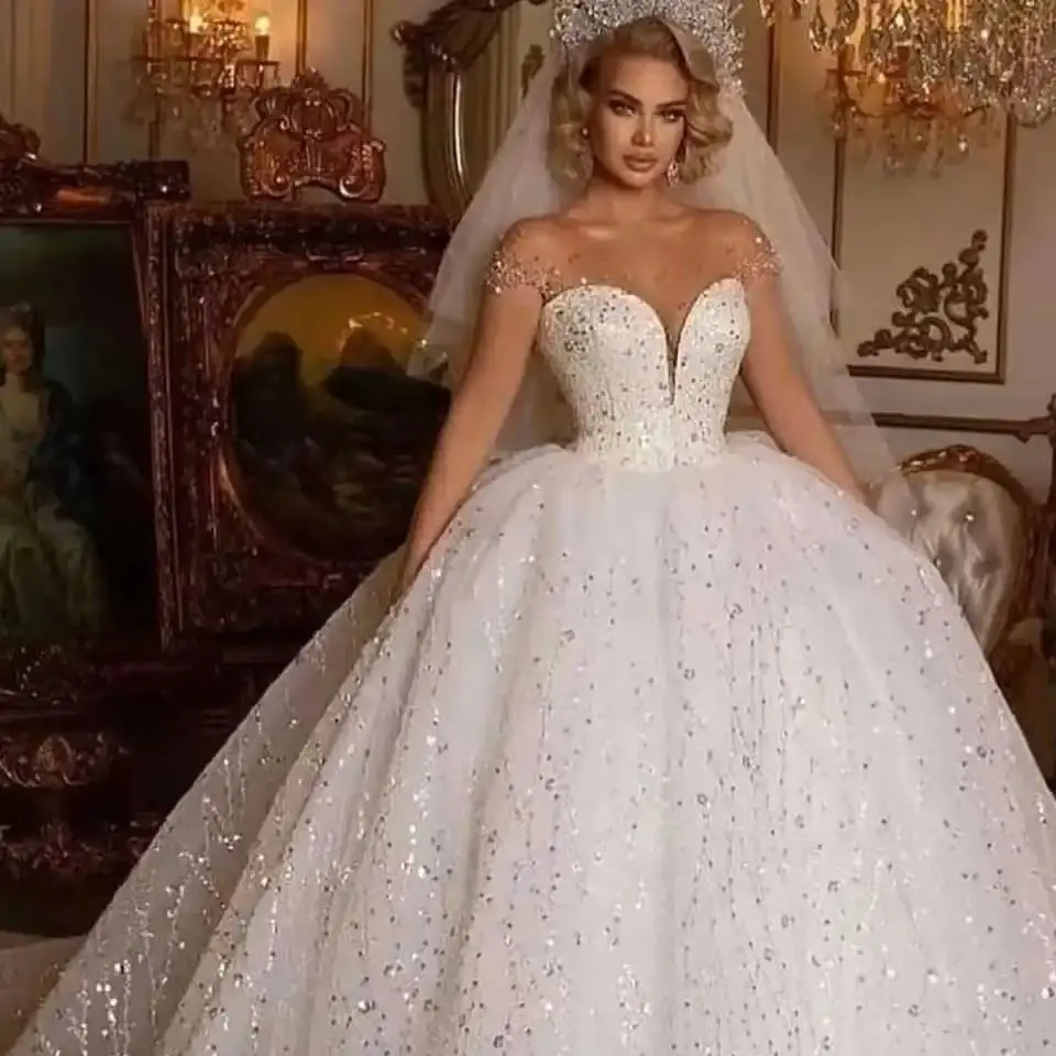 

Brilliant Ball Gown Wedding Dresses O-Neck Shiny Pearl Beading Sequins Lace Bridal Gown Chapel Train Vestido De Noiva Customized