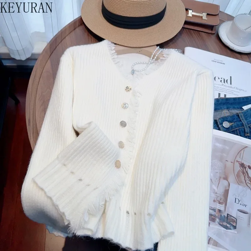 Golden Button Tassel Sweater Jacket Women's 2024 Autumn Winter New Solid Color V-neck Long Sleeve Knitted Cardigan Tops Jumper