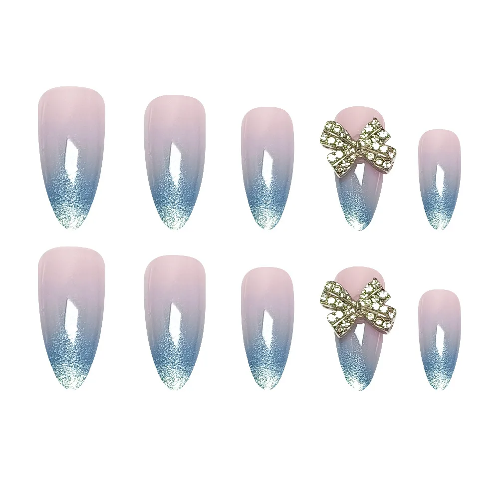 24枚入り シンプルプレスオンネイル グルー付き 3Dボウ付き付け爪 ロングフレンチラインストーンネイルチップ 女の子用人工爪 粘着式