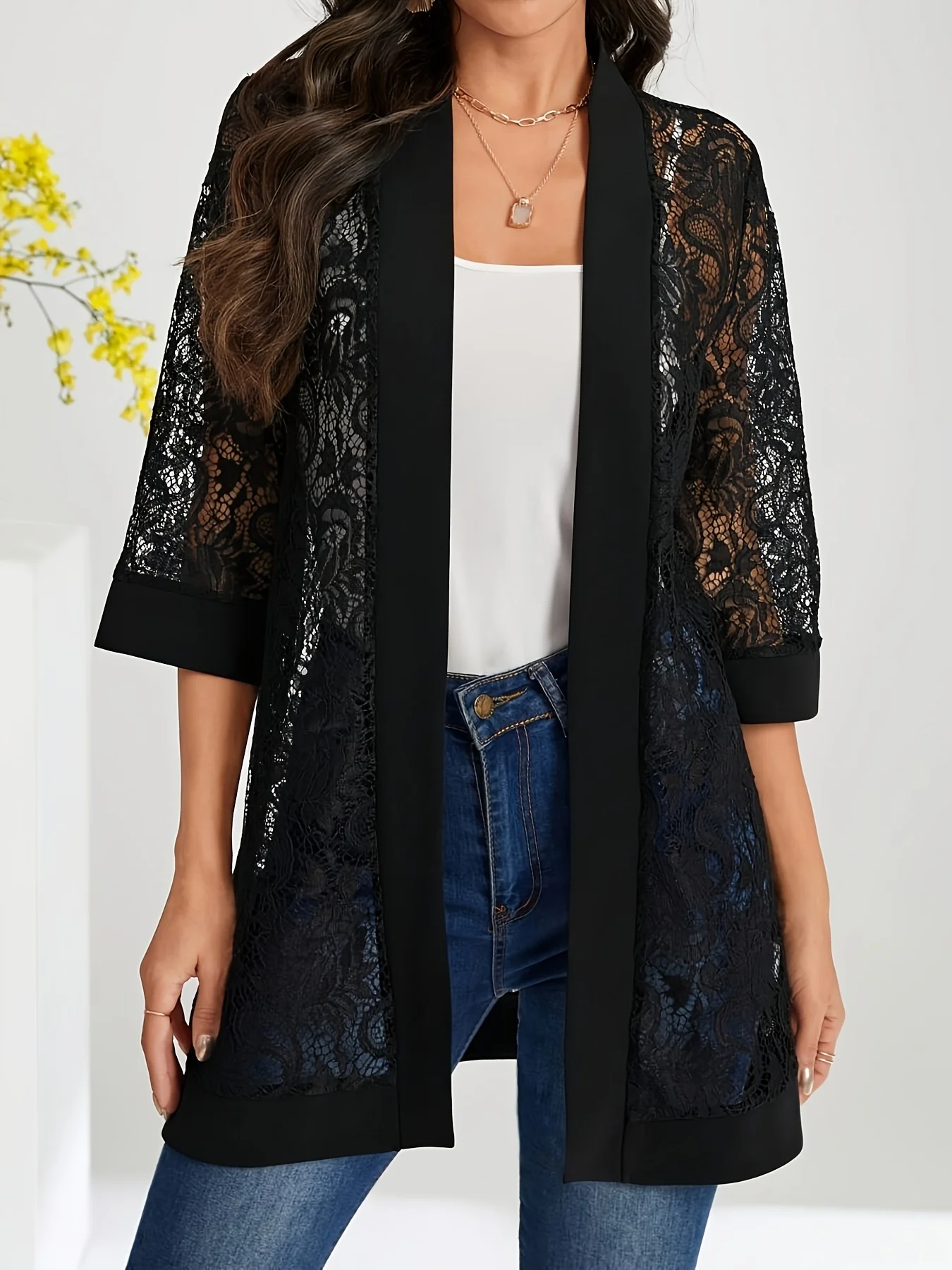 

Plus Size Lace Jacket for Women Black Floral Pattern Casual Style Medium Stretch Fabric All Seasons Floral Pattern Cardigan