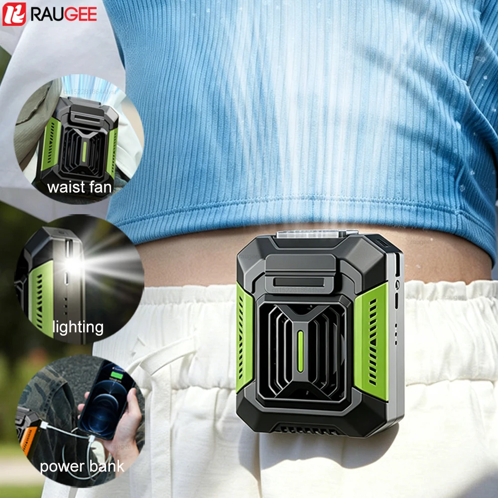 Tragbarer Taillenventilator, Mini-Hüftclip-Ventilator, tragbarer Halsventilator, USB-wiederaufladbarer Taillengürtelventilator mit Powerbank und Beleuchtung