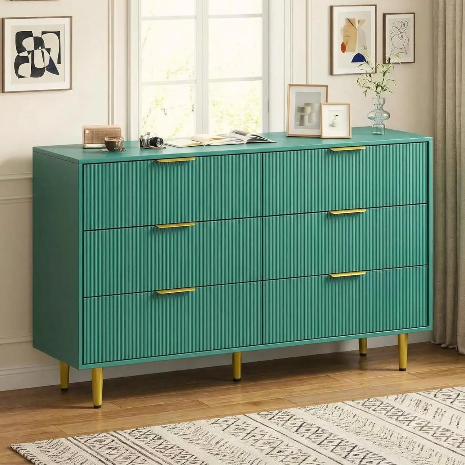 

Fluted 6 Drawer Dresser for Bedroom, 56" Wide Chest of Drawers, Wood Dresser with Gold Metal Handle, Storage Organizer for Ha