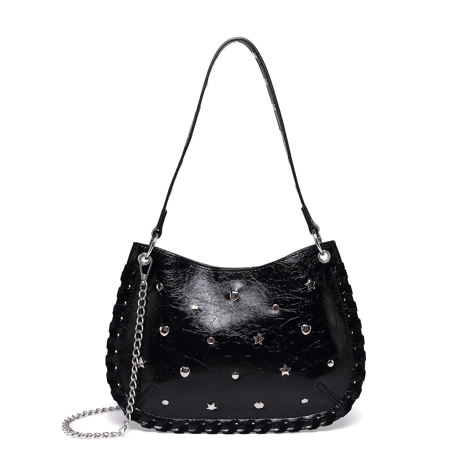 

2025 New style heavy hand-woven underarm bag design women rivet handbag punk chain shoulder cross-body bag