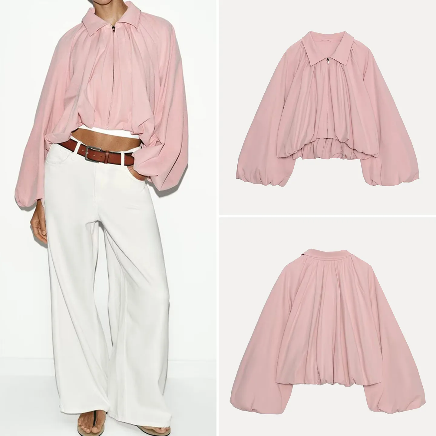 

Fashionable Balloon Sleeve Pilot Jacket Outerwear Women's Spring 2026 Casual Loose Fit Short Coat ZADATA Brand