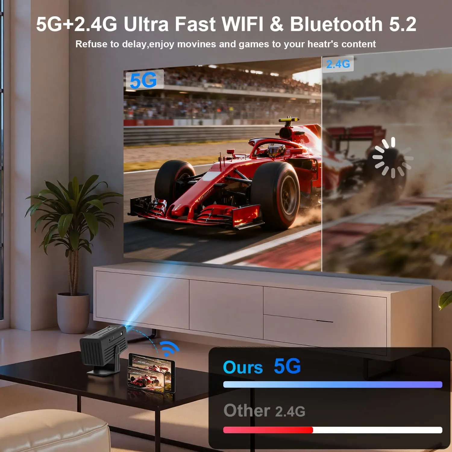 Projetor Portátil 4K com WiFi6, Bluetooth, Foco Automático - Compatível com HDMI/USB/iOS/Android