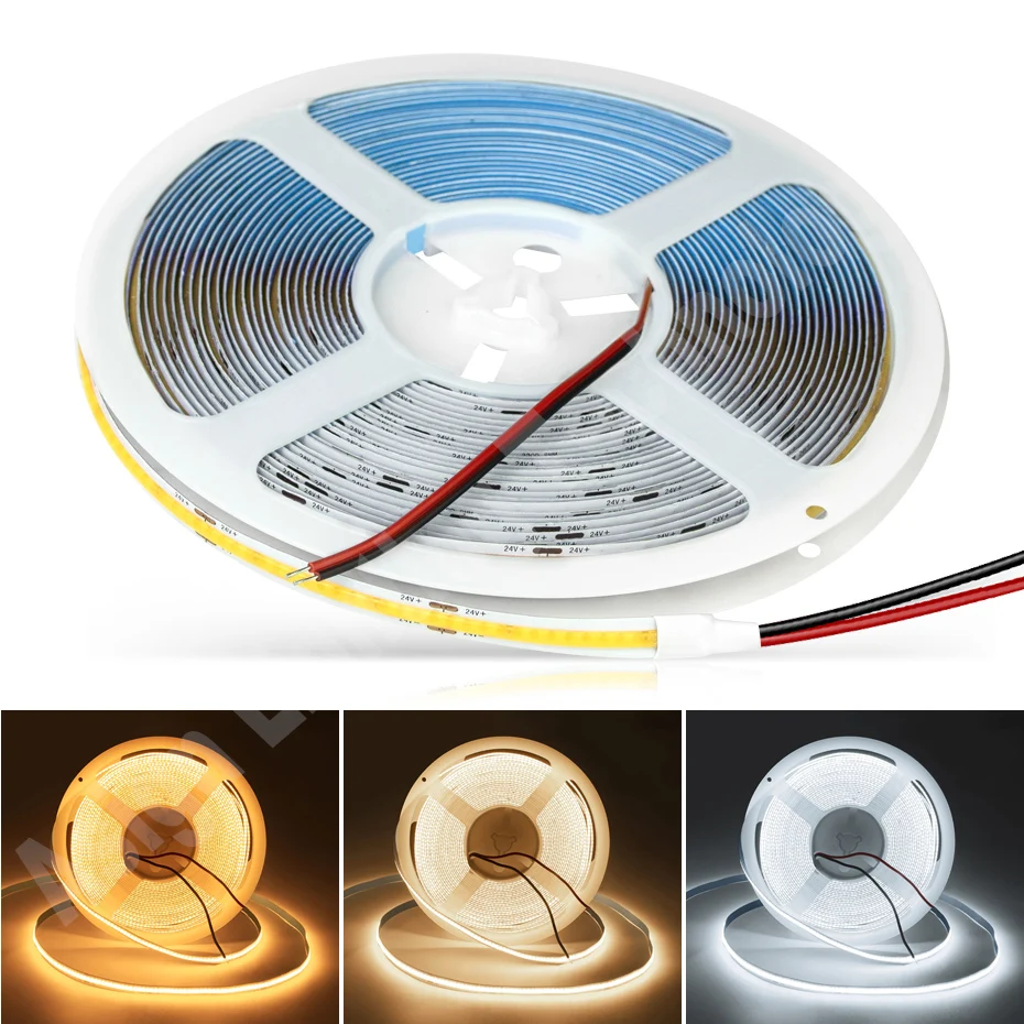 320LEDs/m COB Strip Light DC 24V 2835 High Density Flexible COB LED Tape 8mm RA90 Cold White/Natural White/Warm White 0.5m-10m