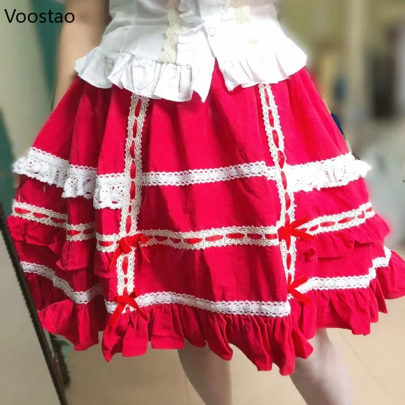 Japanese Sweet Lolita Mini Skirt Women Harajuku Kawaii Bow Lace Ruffles Party Skirts Girls Vintage Cute Ball Gown Cake Skirts