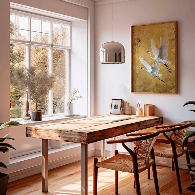 Japanese Elegant Crane Birds Nature Poster Flying Cranes in Gold and White Canvas Painting Asian Wall Art Living Room Home Decor