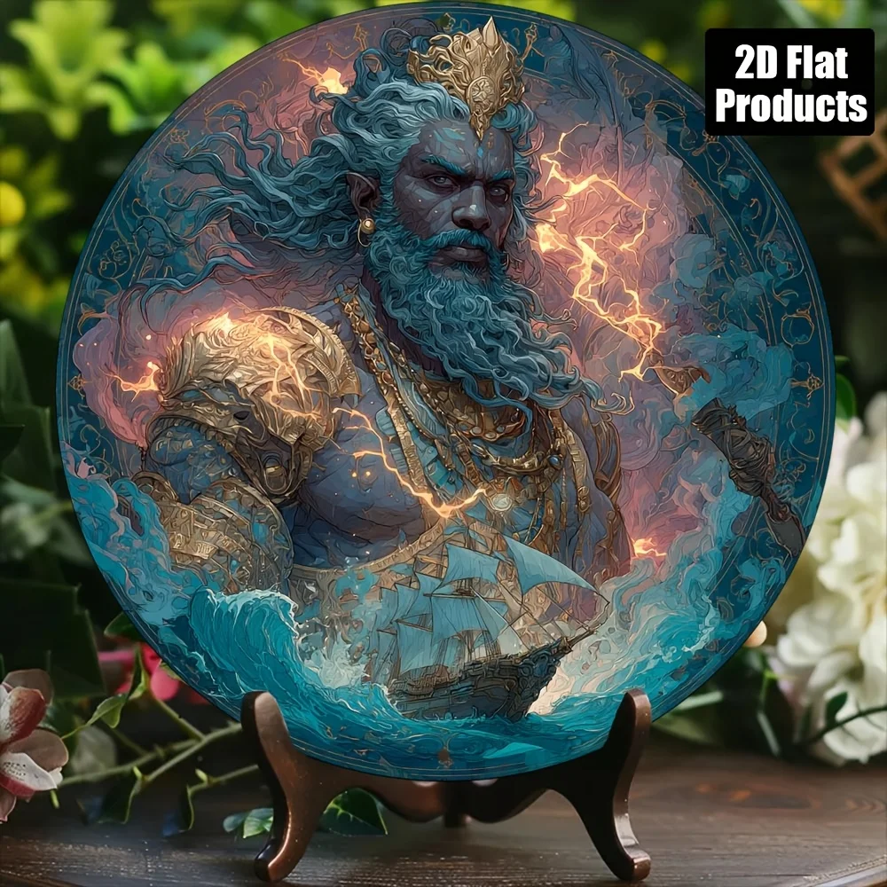 Vintage Poseidon Round Aluminum Tin Sign, Waterproof Durable Metal Plaque Wall Decor for Home Kitchen Office Cafe