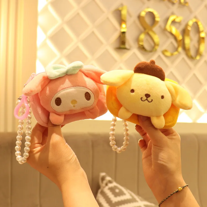 Kawaii Sanrio Doll Plush Bag Keychain Cinnamoroll Melody Pom Pom Purin Kuromi Wallet Cute Coin Purse Pendant Gifts For Girls