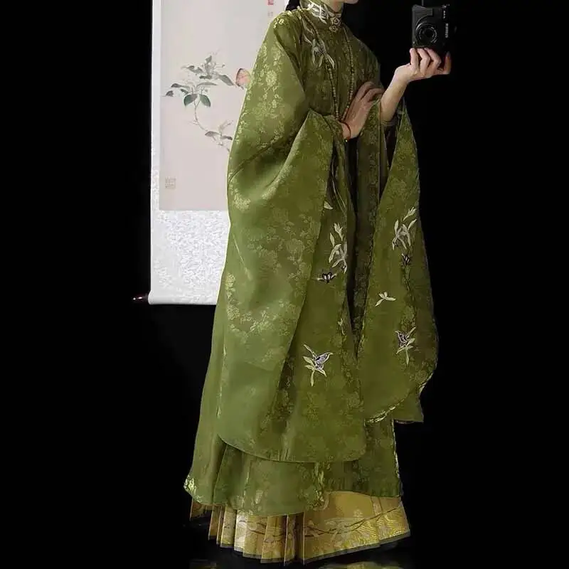 

Зимний костюм Ханьфу больших размеров 8XL для женщин: винтажный китайский наряд династии Мин, зеленый длинный халат с юбкой-«лошадиным лицом»