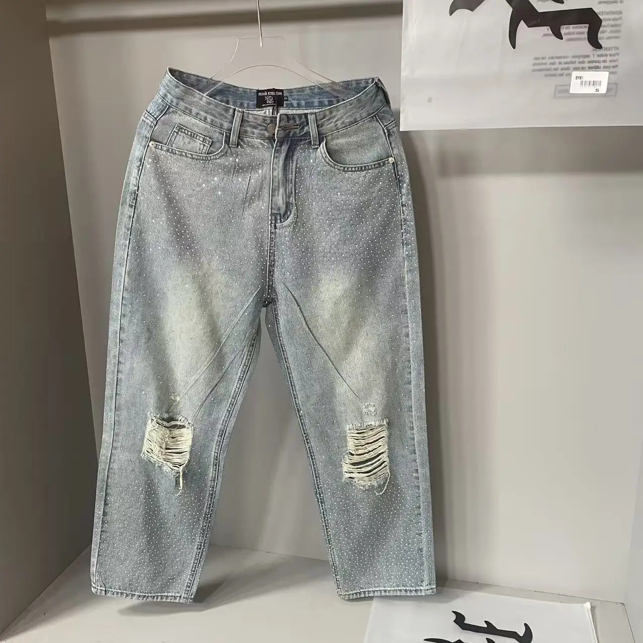 

Mixed Emotion Shinning Rhinestone Distressed Baggy Blue Jeans for Men Straight Washed Ripped Hole Diamond Denim Trousers