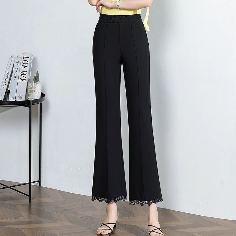 

Bla Lace Trimmed Bell Bot Pants Women's Spring Summer Faion Drapey plus Size Nine Point Korean Version Straight Leg Pants