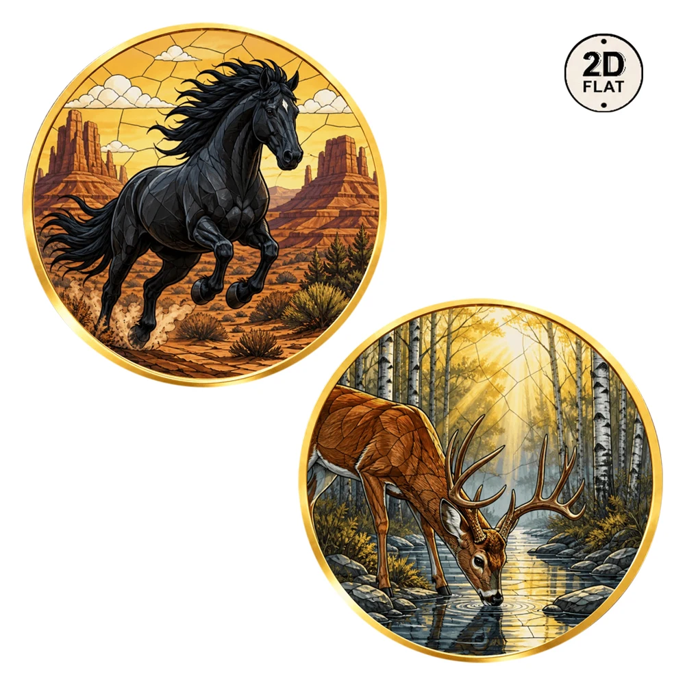 1pc 2D Print Nature Wild Animal Challenge Coin Desert Mustang & Forest Stag Deer Collectible Coin Artistic Gift for Nature Lover