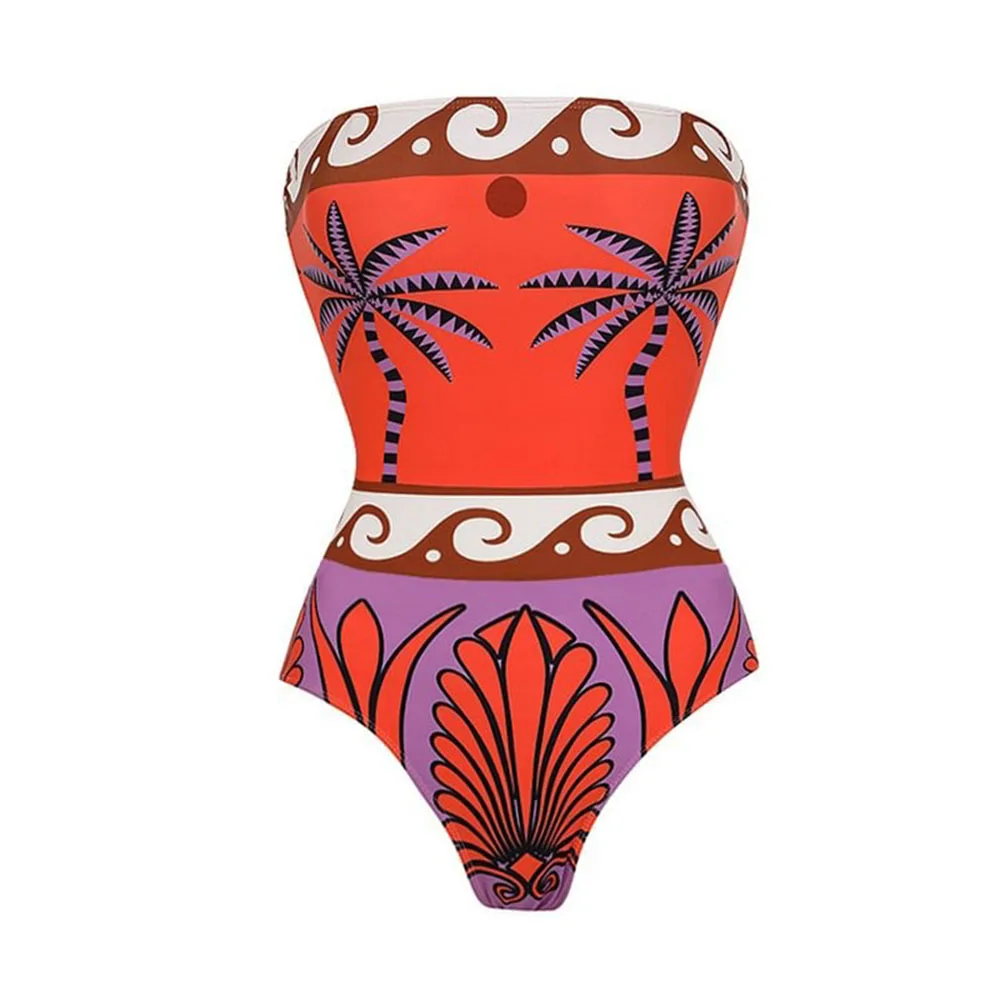 Maillot de bain une pièce imprimé vintage pour femmes, ensemble de bikini, jupe de plage, body en polyester, vêtements de style de maillots de bain, robe maxi