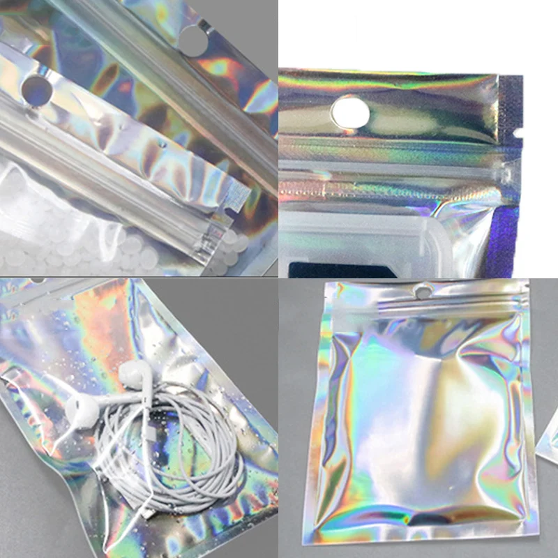 50pcs Iridescent Zip Lock Bags Pouches Cosmetic Plastic Laser Bag Holographic Makeup Storage Bag Ziplock Bags Gift Packaging