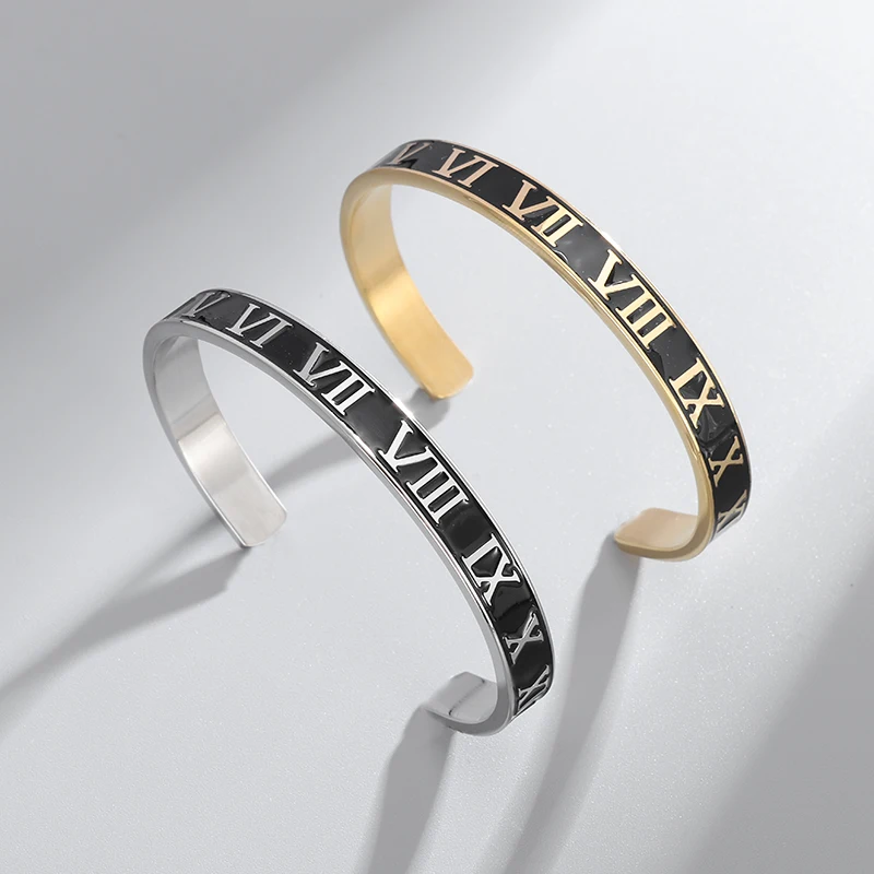 Stainless Steel High-End Roman Numeral C Shape Open Bracelet for Men and Women Fashion Party Birthday Jewelry Gifts