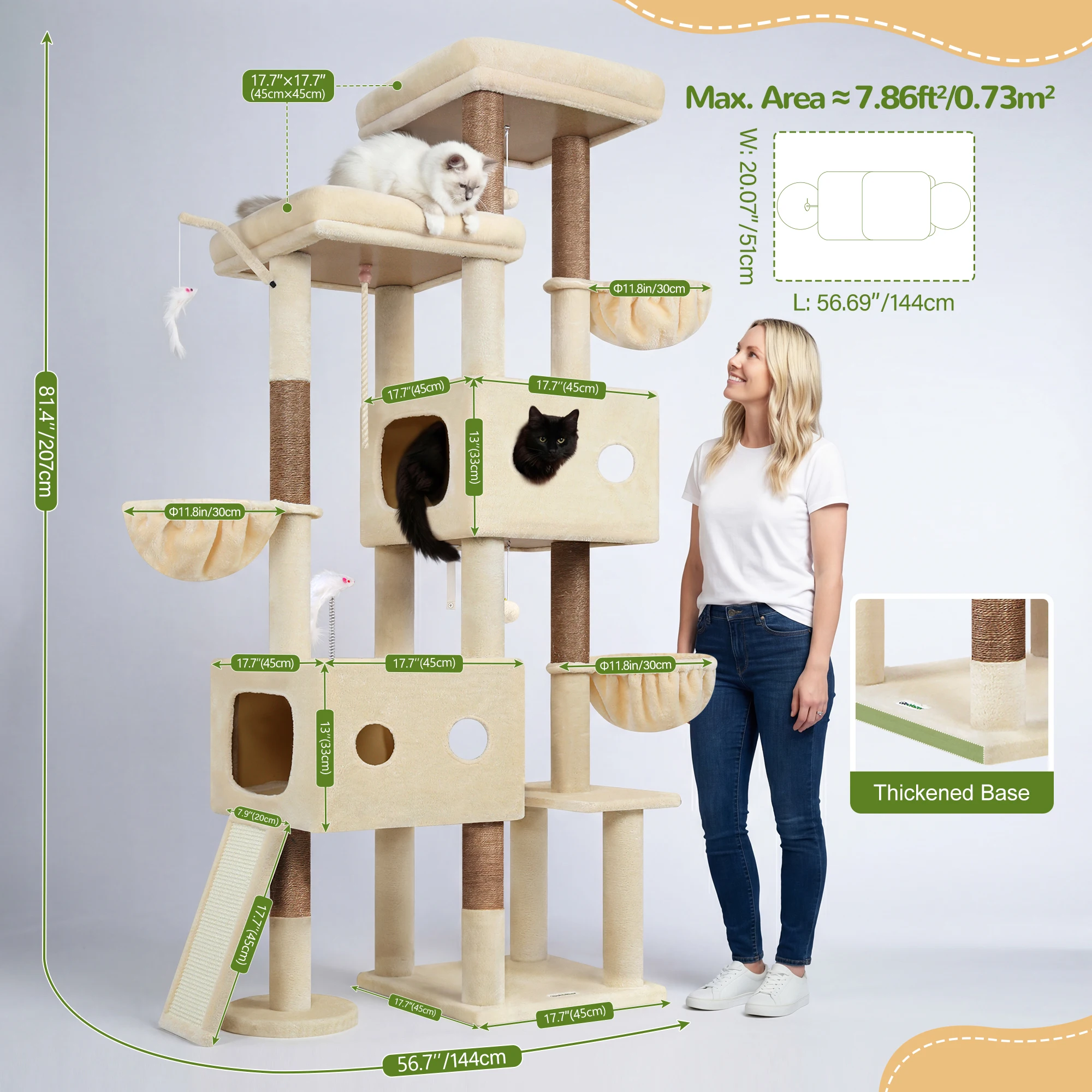 Globlazer 81” Cat Climbing Tower for Large Adult Cats, Heavy Duty Cat Tree with 2 Condos, 3 Hammocks, Sisal Scratching Board
