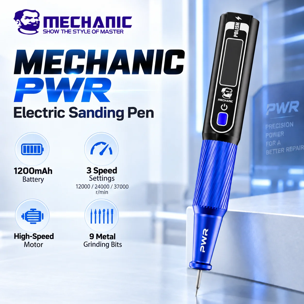 MECHANIC PWR Electric Grinding Pen 37000RPM 1200mAh Digital Display 9 Grinding Bits for IC Chip Motherboard Frame Repair Tool