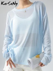 Summer Long Sleeve Oversized T-shirt Women Transparent Tshirts Basic Solid Top Women Long Sleeve Sunscreen Shirts Women Tops