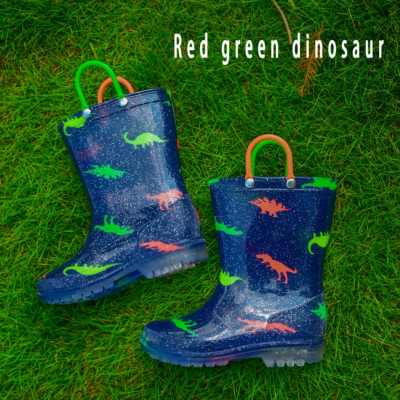 Kids’ Outdoor Cute Cartoon Dinosaur Glitter PVC Rain Boots with handles - Waterproof Anti-slip Water Shoes - Wear-Resistant, Eas