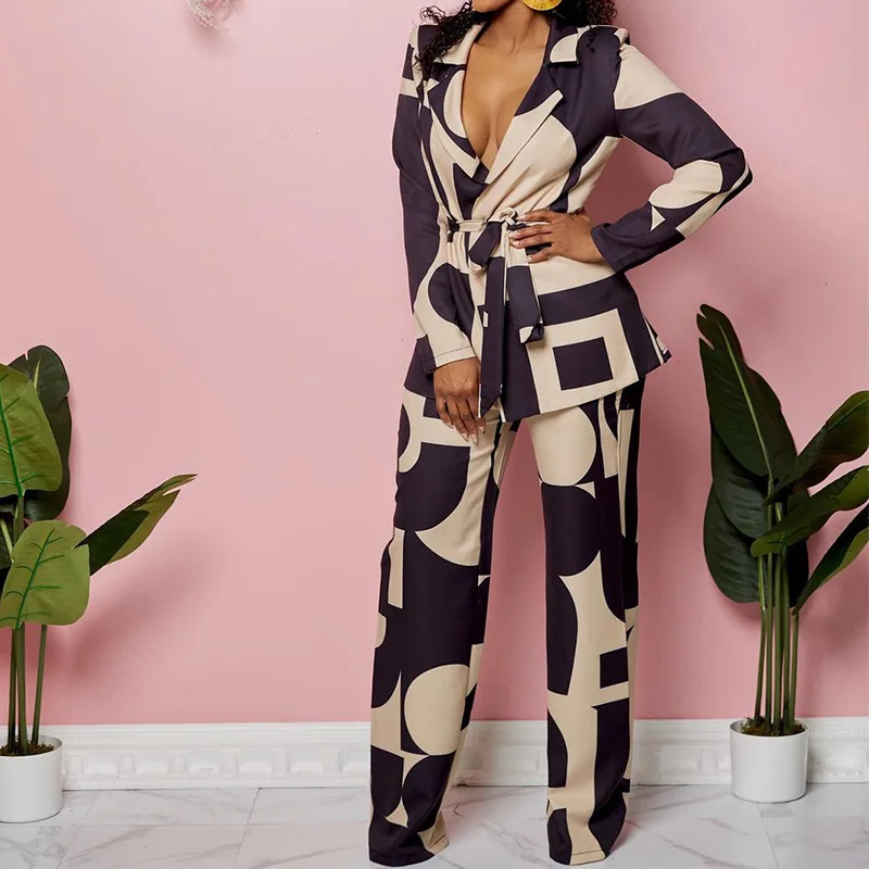 

Women Long Sleeve Lapel Collar Lace Up Jacket Top Loose Pants Outfits Autumn Loose Suit Y2K INS Elegant Blazer Two Piece Set