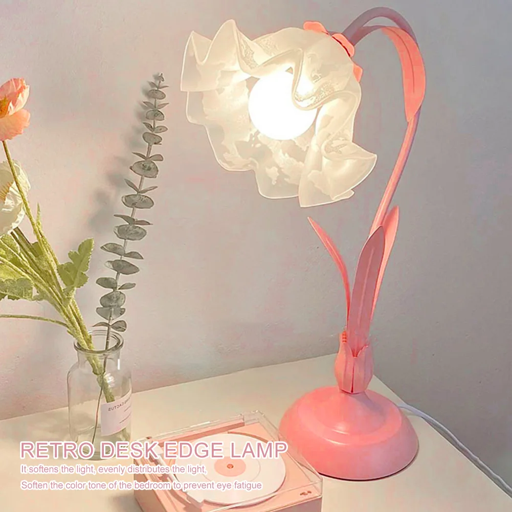 Retro Flower LED Desk Lamp Student Bedroom Room Reading Decor Lamp Eye Protection Atmosphere Sense Bedside Lamp Table Light E26