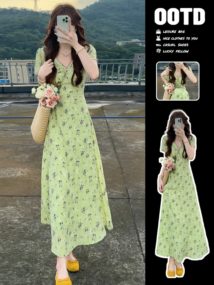 een Floral Print V-Ne Dr Women's Summer New Sle Beautiful A-Line Skirt ort Sve High Waist Sweet Sle Dr.