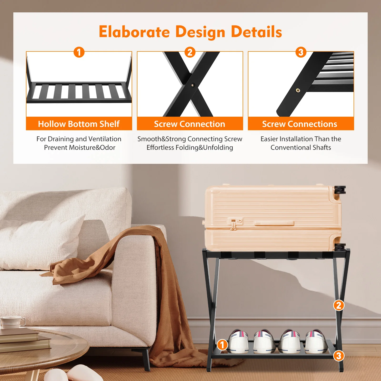 2-Layer Bamboo Luggage Rack Foldable Space-Saving Home Storage Holder for The Bedroom and Guest Room Portable Suitcase Rack
