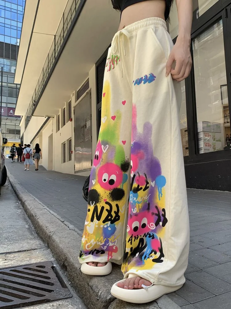 

QWEEK Kawaii Cute Dopamine Graffiti Harajuku Hippie Streetwear Graphic Pants Retro Trousers Draw the Rope Binding Y2K Chic Pants