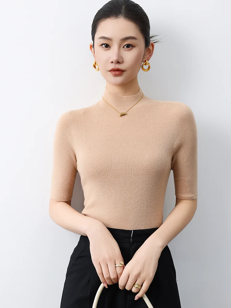 CHICUU Spring New Women Slim Pullover Elastic 100% Merino Wool Sweater Mock Neck Half Sleeve Worsted Wool Knit Breathable Tops