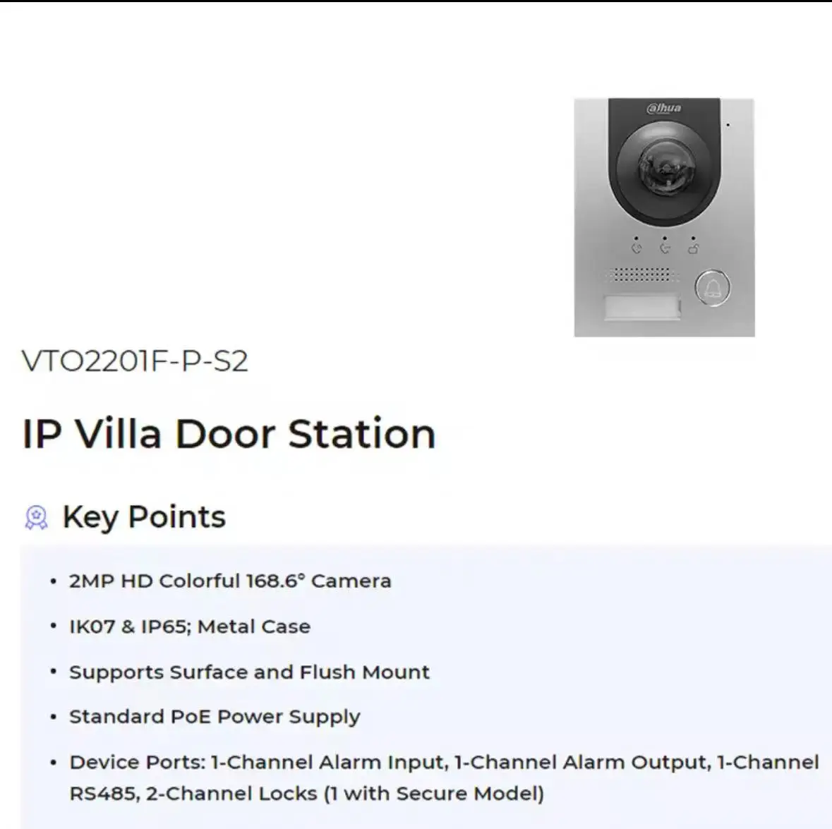 Dahua VTO2201F-P-S2 2MP HD Video Intercom Outdoor Waterpoof Doorbell Camera Supports PoE RS485 APP Unlock Flush Mounted IR WEB
