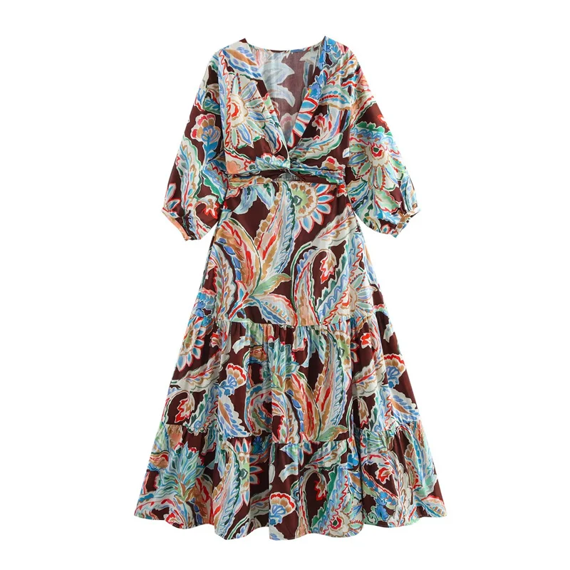 Spring Women's Printed Dresses 2025 New Fashion Casual Loose V-Neck Long Dress Elegant Vacation Style Dresses