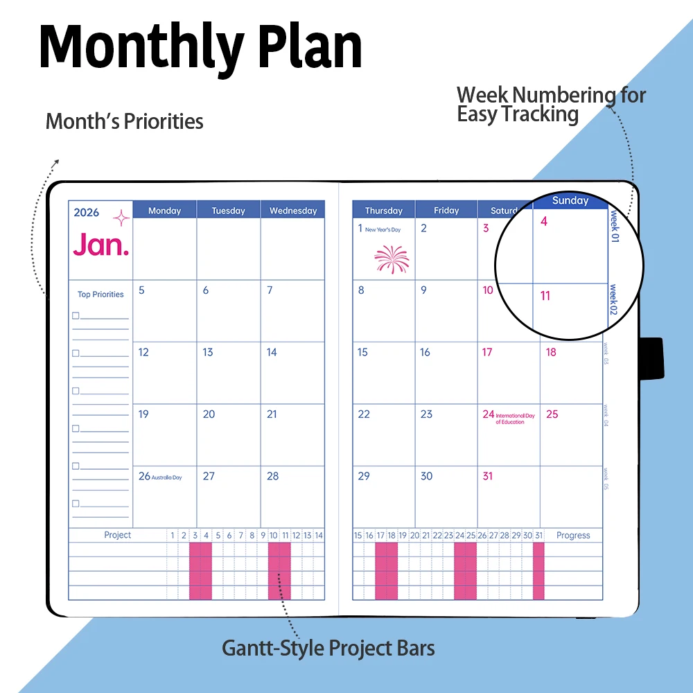 2026 مخطط A5 جدول الأعمال 412 صفحة بولي أغطية أغطية جلد شهري أسبوعي جدول يومي منظم الأعمال دفتر المجلات هدية مذكرات