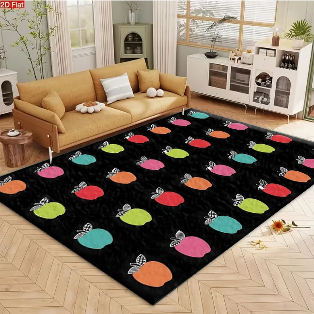 Colorful Cartoon Apple Pattern Area Rug Black Background Kids Non‑Slip Carpet Floor Mat for Living Room Bedroom Home Decor