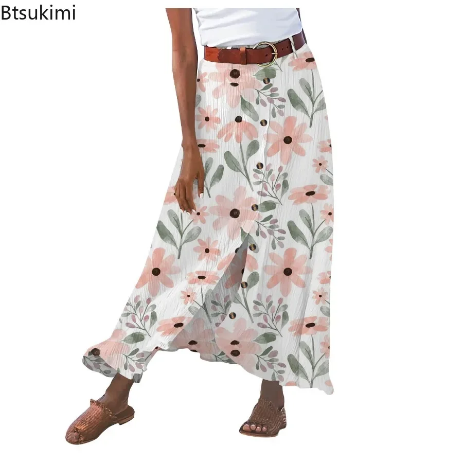 New 2024 Women\'s High Waist Cotton Midi Skirt Dress Button Up Solid Slit Hip Tennis Skirts Holiday Beach A Bottomed Skirt Female