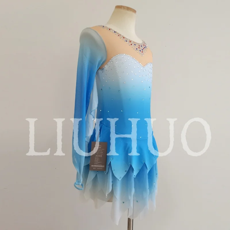 ชุดสเก็ตน้ำแข็ง LIUHUO สำหรับเด็กหญิง ผู้หญิง วัยรุ่น ผ้าสแปนเด็กซ์ยืดหยุ่น สีไล่ระดับน้ำเงิน สำหรับการแข่งขัน ขายส่ง รุ่น BD9156