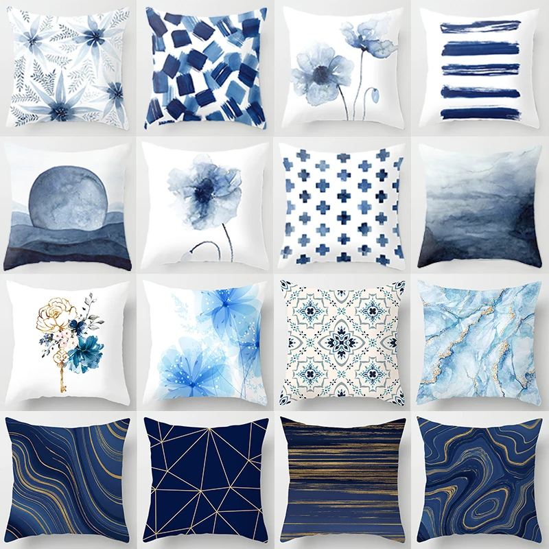 Blue marble cushion cover ink flower geometric polyester pillowcase double-sided printed sofa  decoration