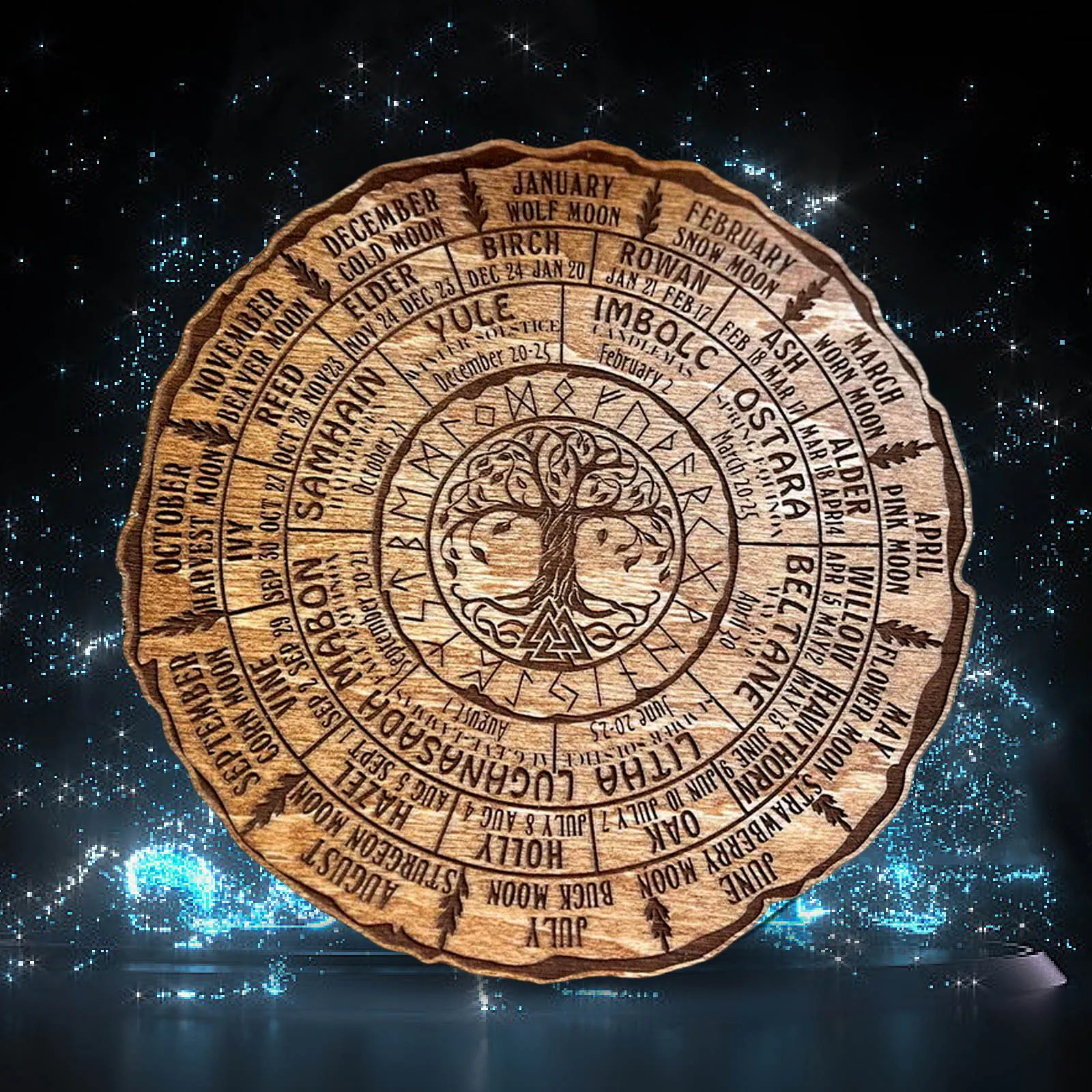 Wheel of The Year Wood Sign ,Tree of Life Calendar Round Wooden Sign for Retro Wall Home Desktop Study Decoration Room Decor