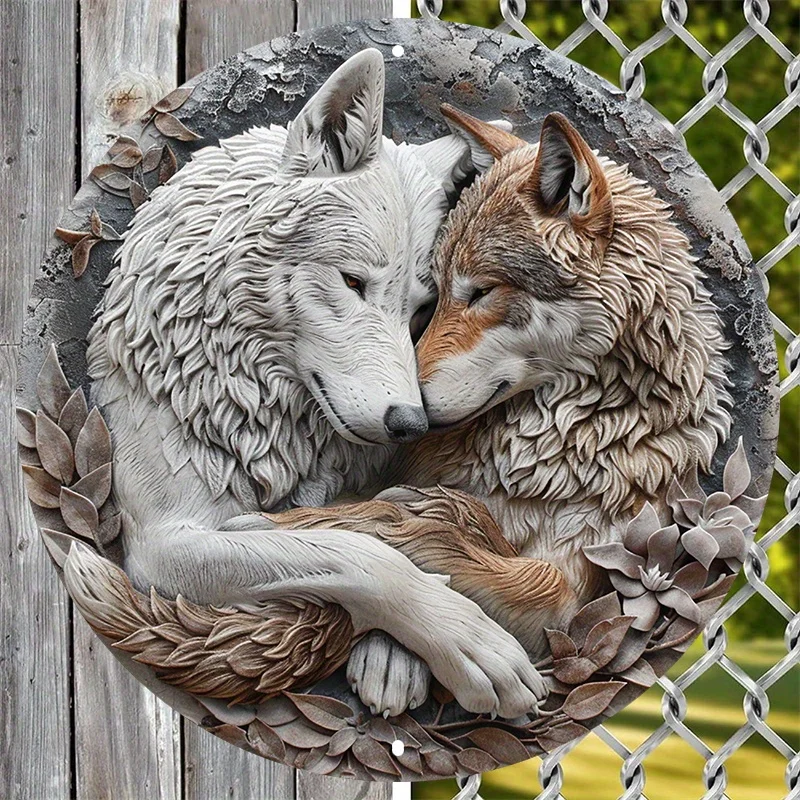 

Romantic Wolf Metal Art, Aluminum Circle Wreath, HD Vivid Print, Decor for Living Spaces, Valentines Day Gifts