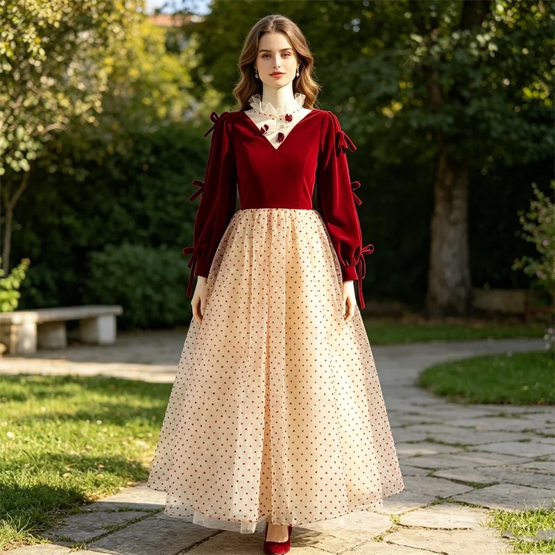 Echtes Foto-Blumenmädchenkleid, weinrote Punkte, schlichter O-Ausschnitt, volle Ärmel, Reißverschluss, Prinzessinnenkleid, bodenlang, für Kinder, individuelle Anpassung MT004