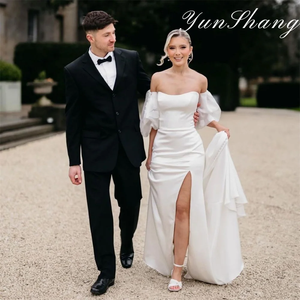 

Yunshang Elegant Mermaid Wedding Dresses Strapless Puff Sleeves Side Split Open Back Bridal Gown Sweep Train Vestidos De Novia